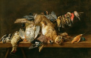 Stilleben af døde fugle og en hare på et bord, 1647